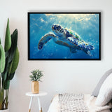 Turtle In The Sea Ocean Acrylic Painting, Floating Frame, Framed Canvas Print Wall Art Home Decor