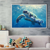 Turtle In The Sea Ocean Acrylic Painting, Floating Frame, Framed Canvas Print Wall Art Home Decor