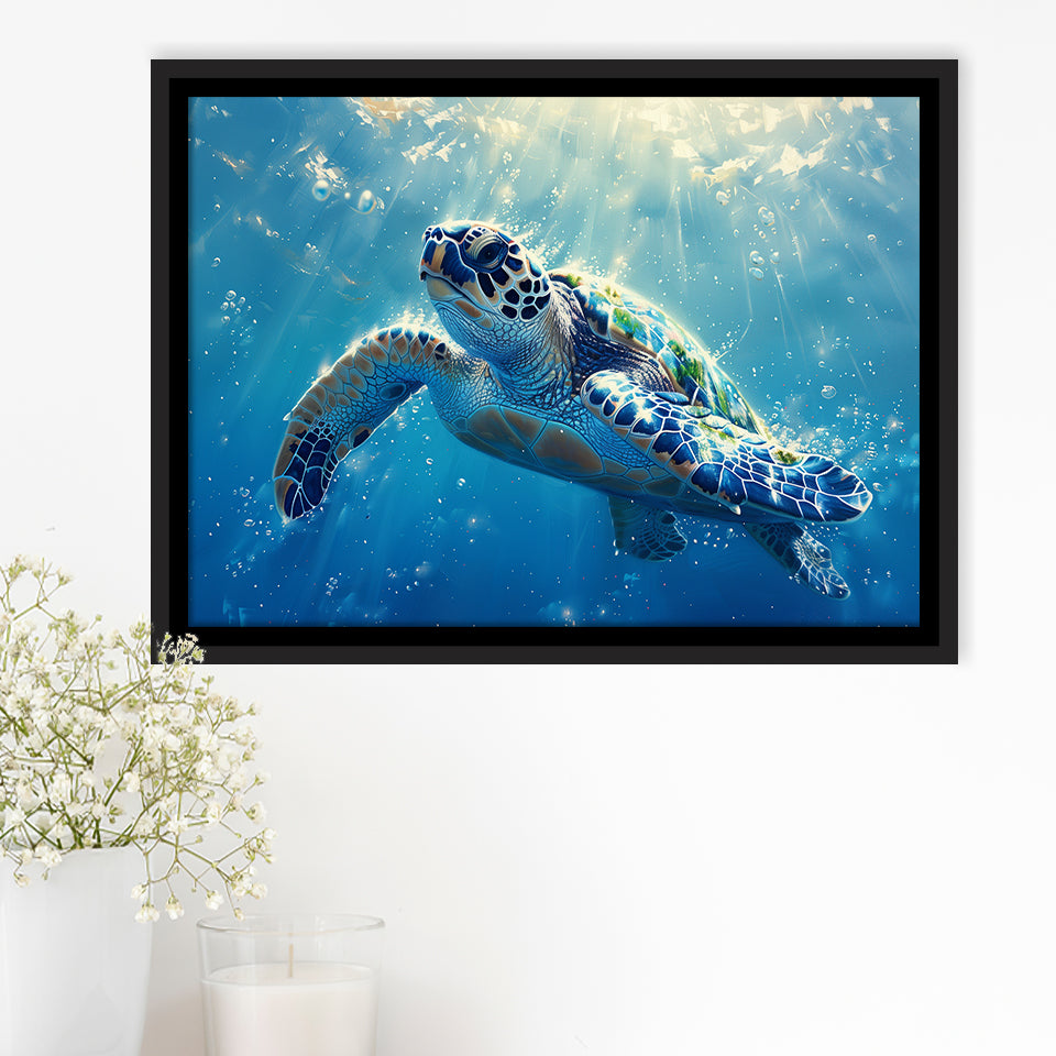 Turtle In The Sea Ocean Acrylic Painting, Floating Frame, Framed Canvas Print Wall Art Home Decor