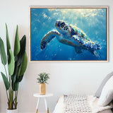 Turtle In The Sea Ocean Acrylic Painting, Floating Frame, Framed Canvas Print Wall Art Home Decor