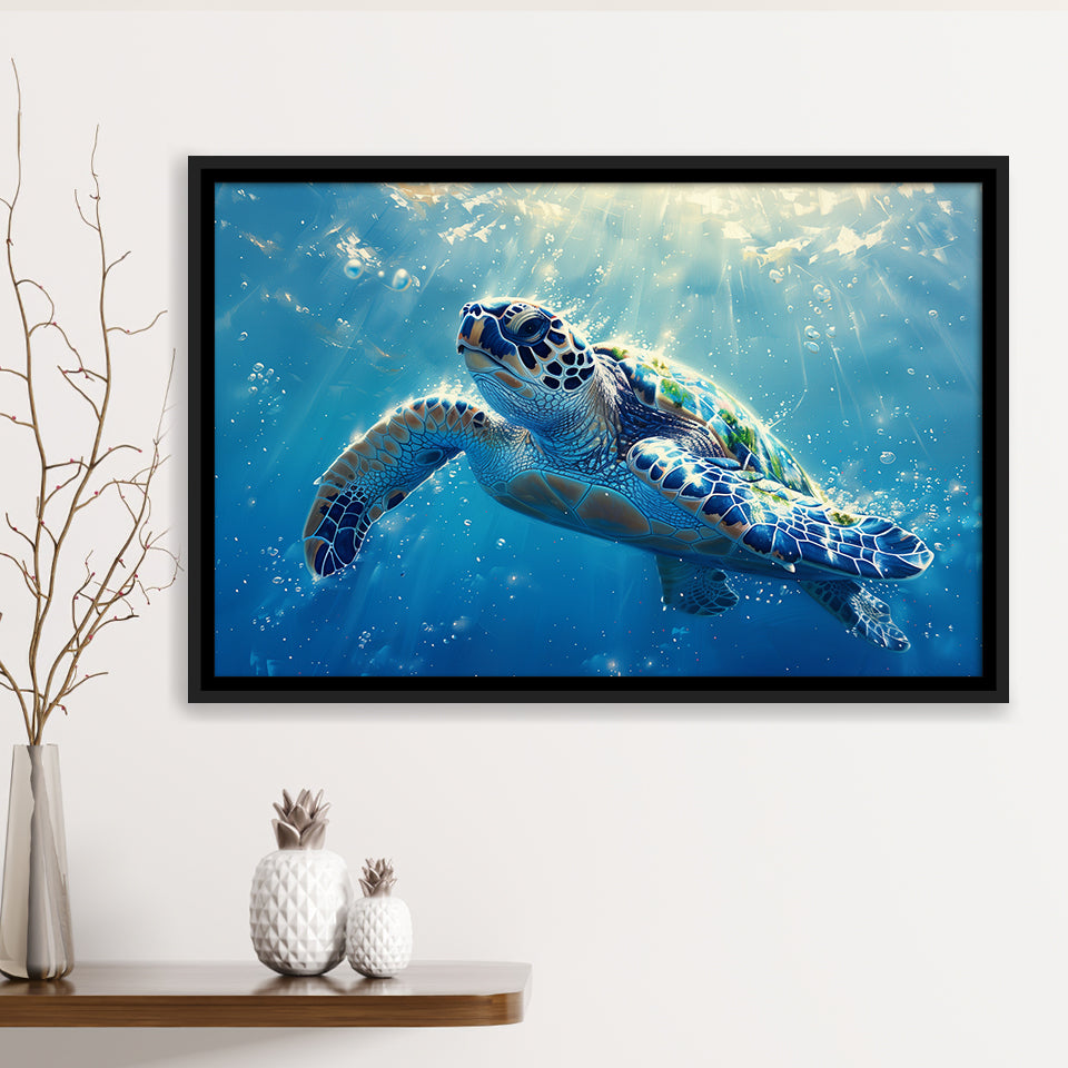 Turtle In The Sea Ocean Acrylic Painting, Floating Frame, Framed Canvas Print Wall Art Home Decor