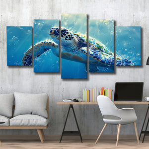 Turtle In The Sea Ocean Acrylic Painting, Multi Panel,Mixed Canvas Print Wall Art Decor