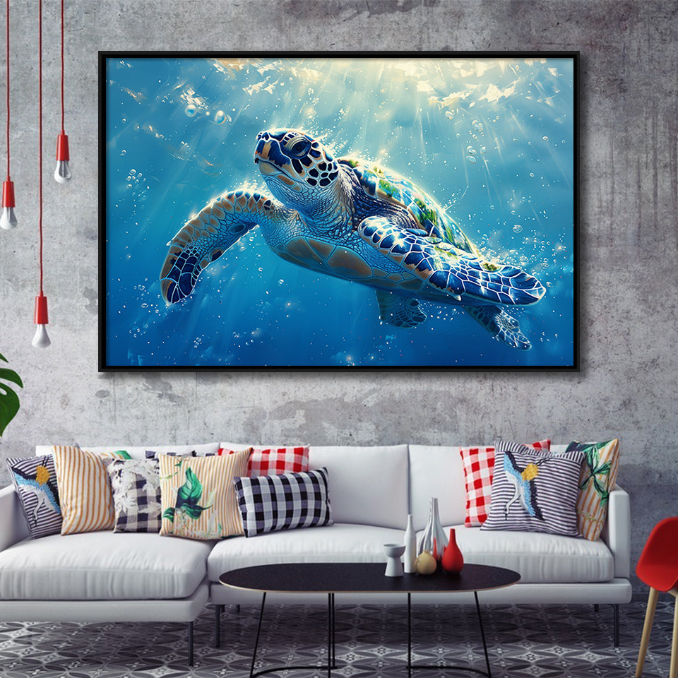 Turtle In The Sea Ocean Acrylic Painting, Floating Frame, Framed Canvas Print Wall Art Home Decor