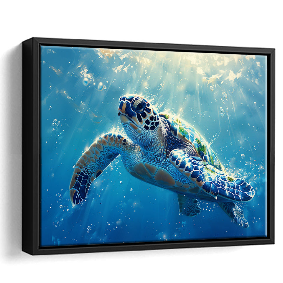 Turtle In The Sea Ocean Acrylic Painting, Floating Frame, Framed Canvas Print Wall Art Home Decor