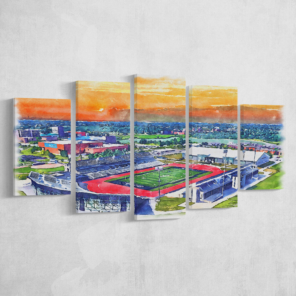 UB Stadium WaterColor 5 Panels Mix Canvas Prints, Getzville New York Watercolor, Large Stadium Canvas
