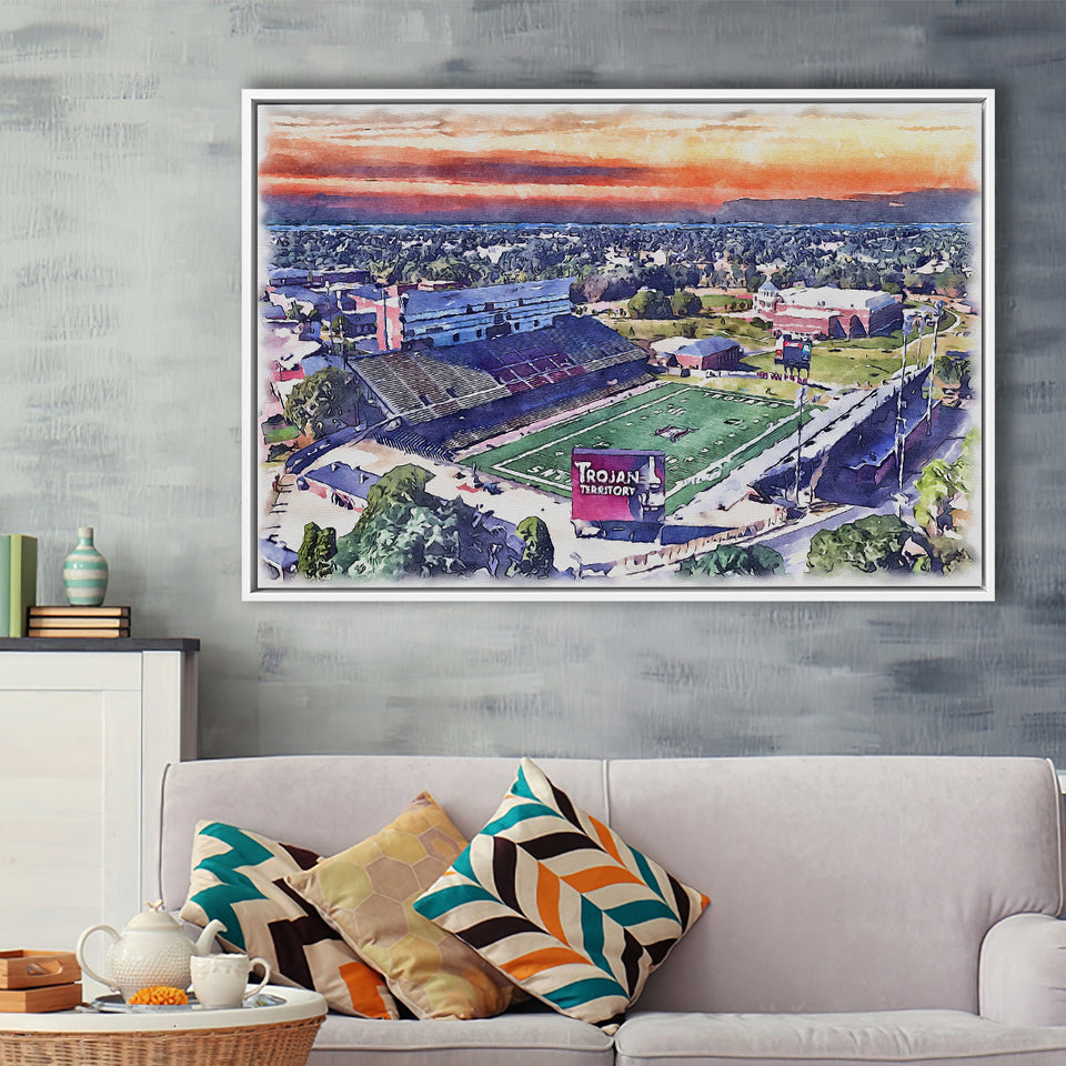 Veterans Memorial Stadium WaterColor Framed Canvas Prints, Troy Watercolor, Stadium Art Gifts, Floating Frame
