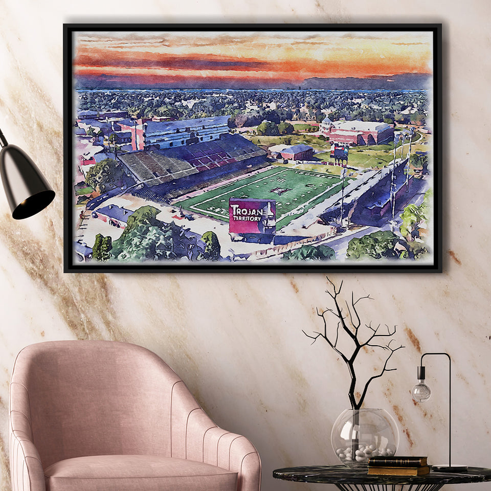 Veterans Memorial Stadium WaterColor Framed Canvas Prints, Troy Watercolor, Stadium Art Gifts, Floating Frame