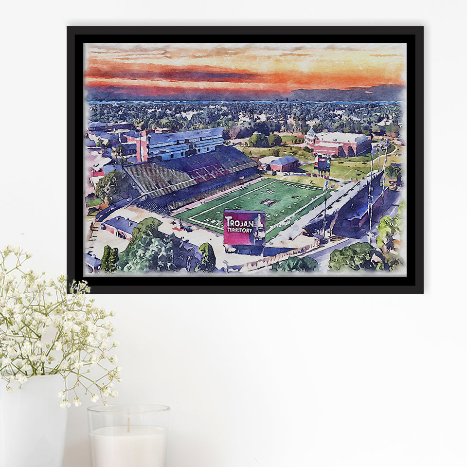 Veterans Memorial Stadium WaterColor Framed Canvas Prints, Troy Watercolor, Stadium Art Gifts, Floating Frame