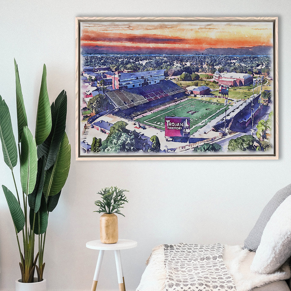 Veterans Memorial Stadium WaterColor Framed Canvas Prints, Troy Watercolor, Stadium Art Gifts, Floating Frame