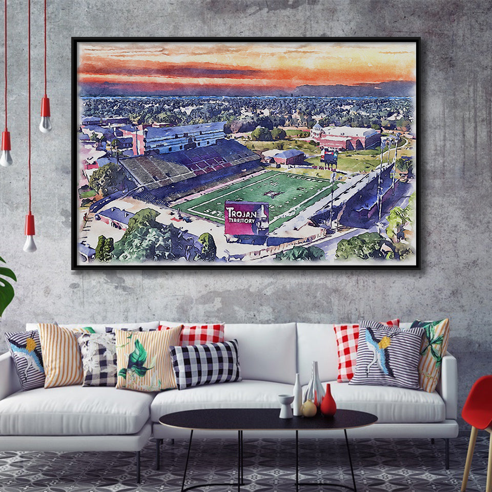 Veterans Memorial Stadium WaterColor Framed Canvas Prints, Troy Watercolor, Stadium Art Gifts, Floating Frame
