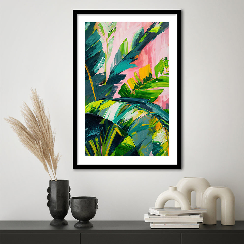 Vibrant Jungle Foliage Painting, Abstract Leafy Wall Art, Modern Botanical Decor Art Print, Framed Art Print White Border