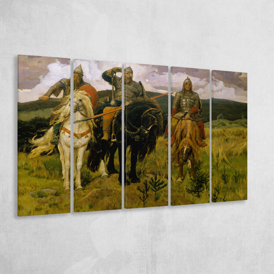 Viktor Vasnetsov Canvas Wall Art Bogatyrs Warrior Knights Fine Art Print, Extra Large Multi 5 Panel Canvas Print Wall Art Decor