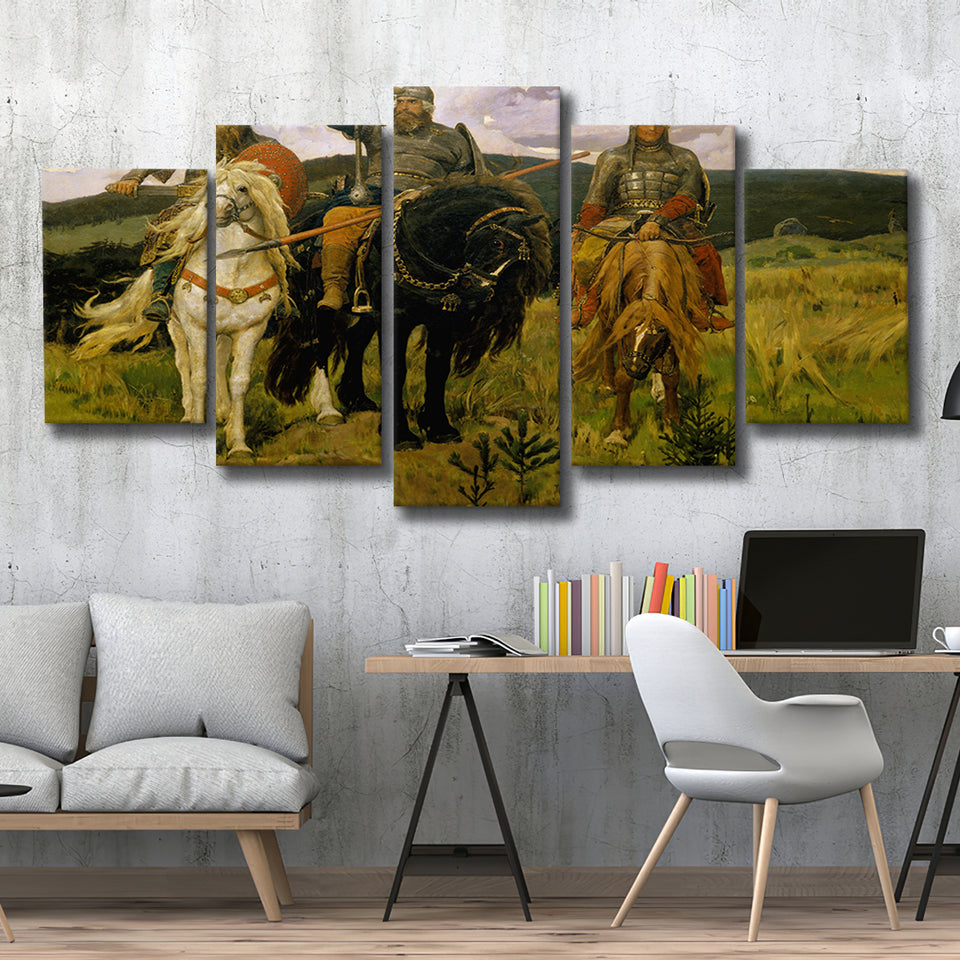 Viktor Vasnetsov Canvas Wall Art Bogatyrs Warrior Knights, Multi Panel Canvas Print Wall Art Decor, 5 Mixed Panel