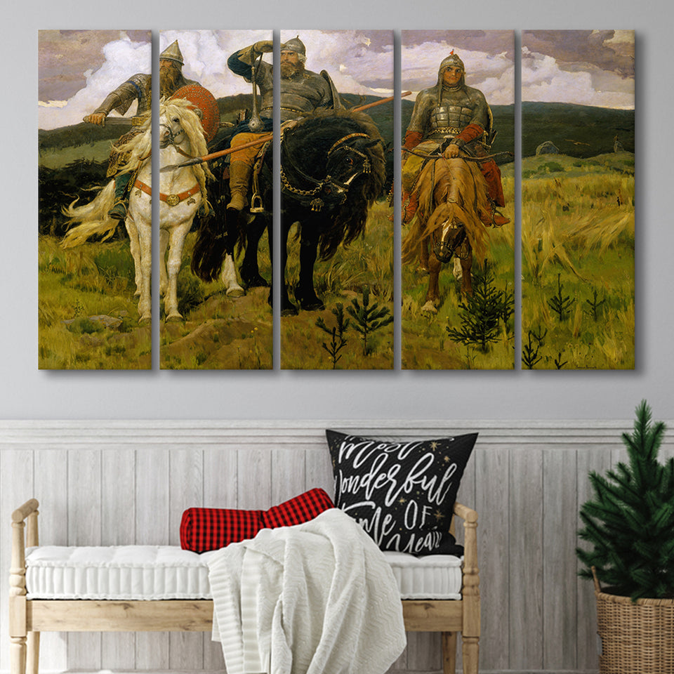 Viktor Vasnetsov Canvas Wall Art Bogatyrs Warrior Knights Fine Art Print, Extra Large Multi 5 Panel Canvas Print Wall Art Decor