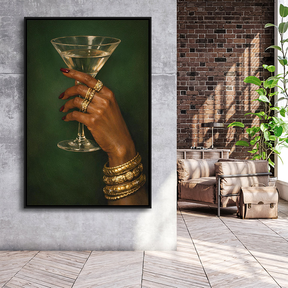Vintage Afrocentric Wall Art, Martini Art, Sage Green Wall Art, Framed Canvas Print, Floating Frame