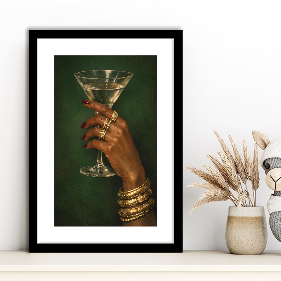 Vintage Afrocentric Wall Art, Martini Art, Sage Green Wall Art, Framed Art Print White Border