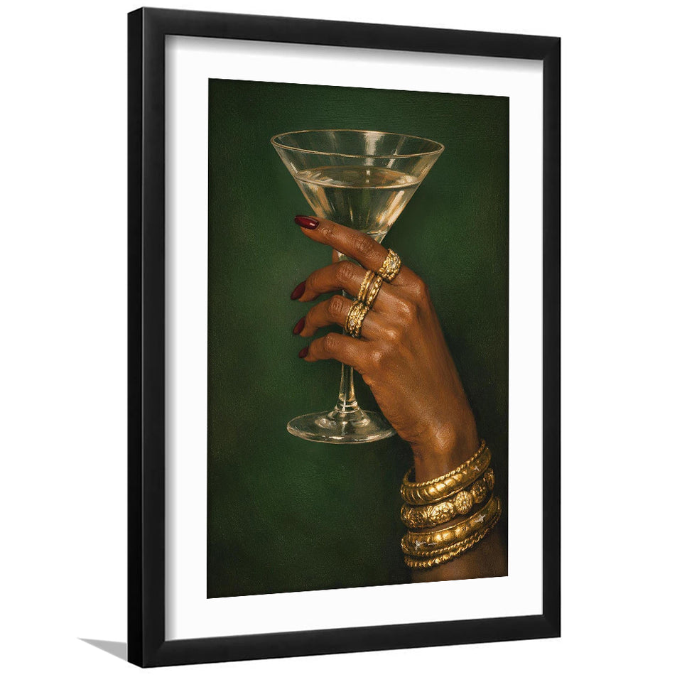 Vintage Afrocentric Wall Art, Martini Art, Sage Green Wall Art, Framed Art Print White Border