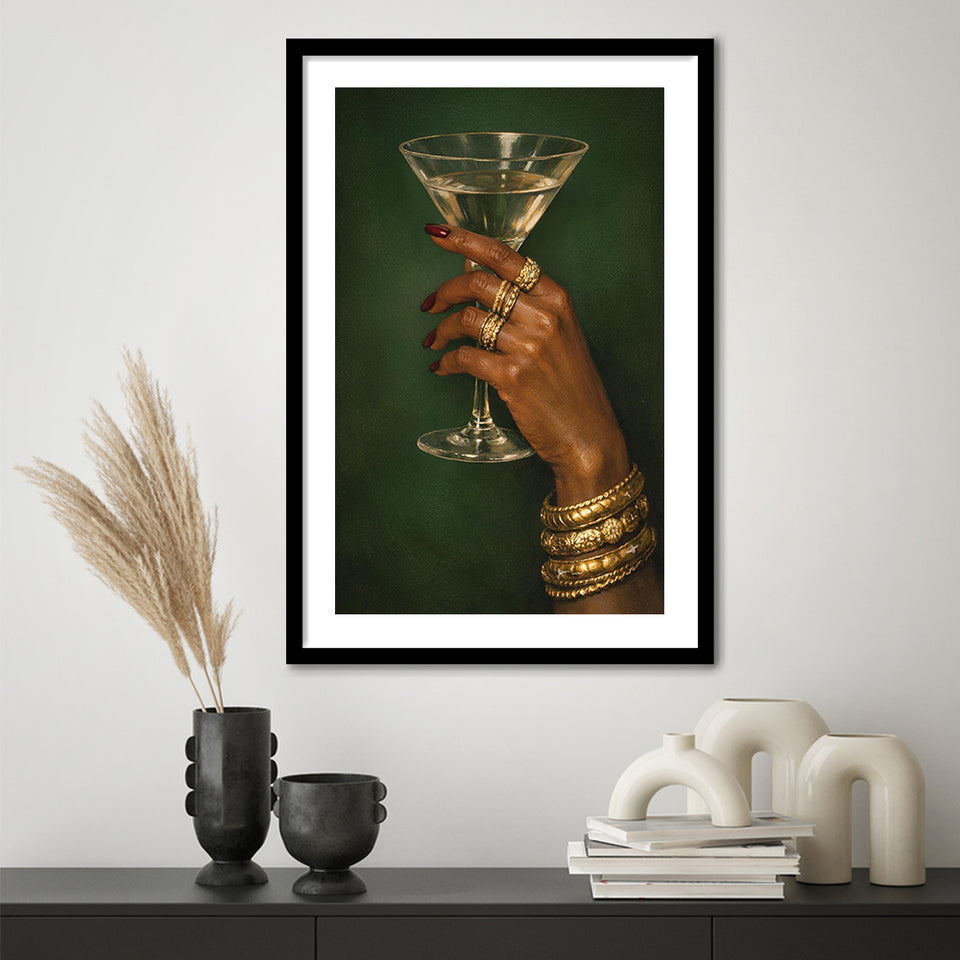 Vintage Afrocentric Wall Art, Martini Art, Sage Green Wall Art, Framed Art Print White Border