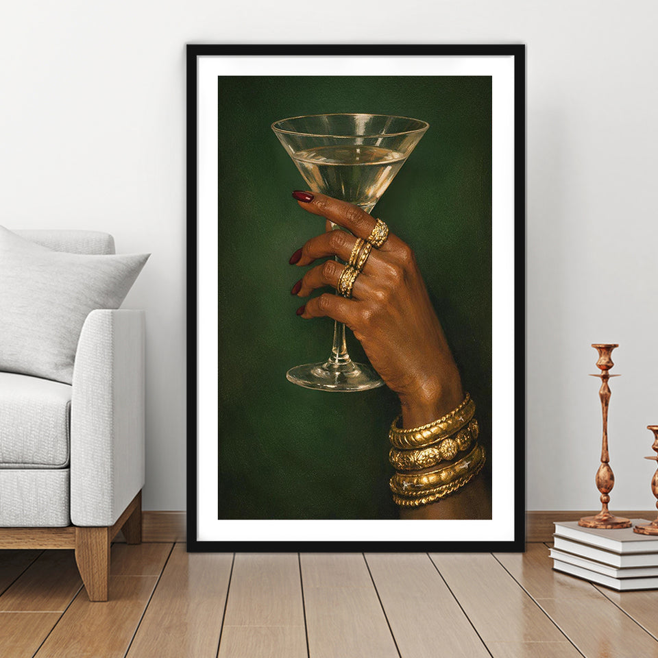 Vintage Afrocentric Wall Art, Martini Art, Sage Green Wall Art, Framed Art Print White Border