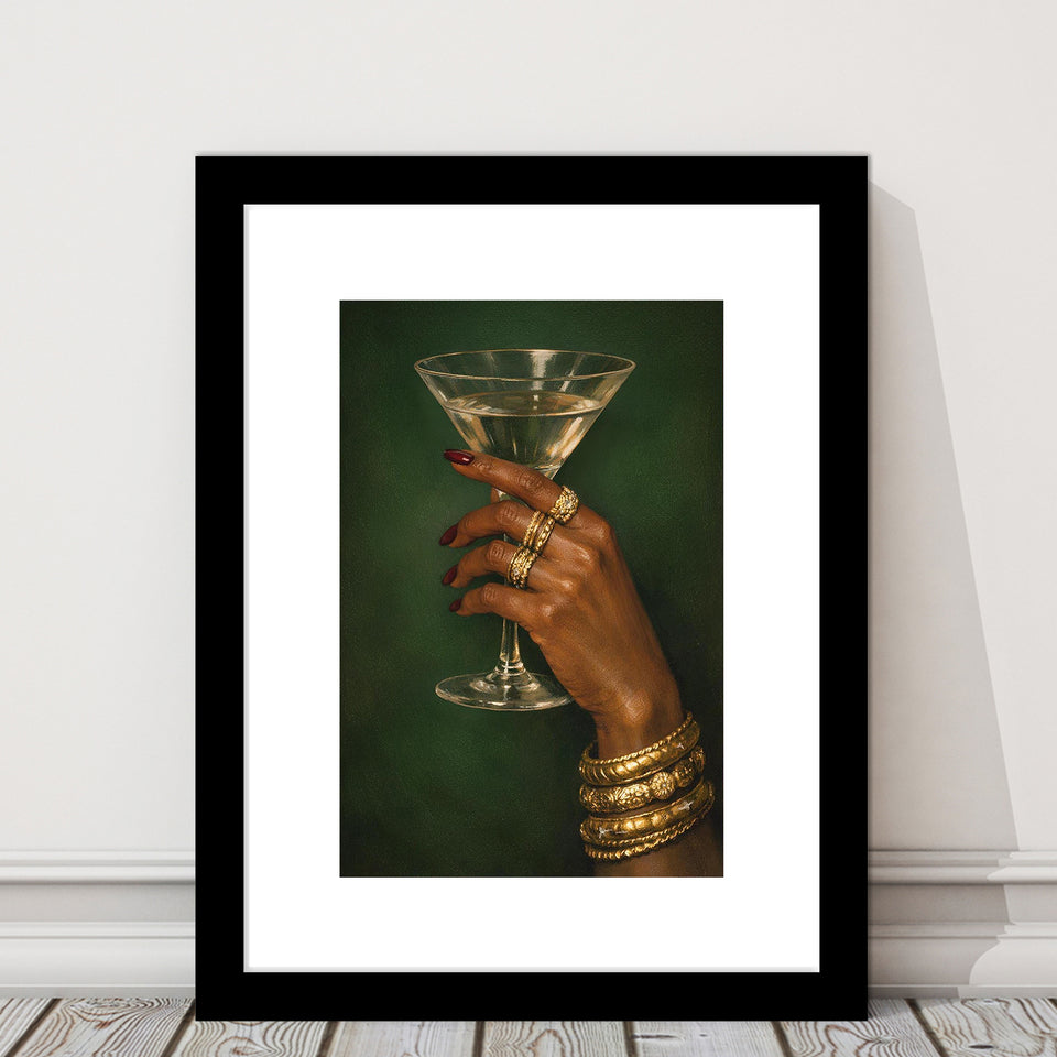 Vintage Afrocentric Wall Art, Martini Art, Sage Green Wall Art, Framed Art Print White Border