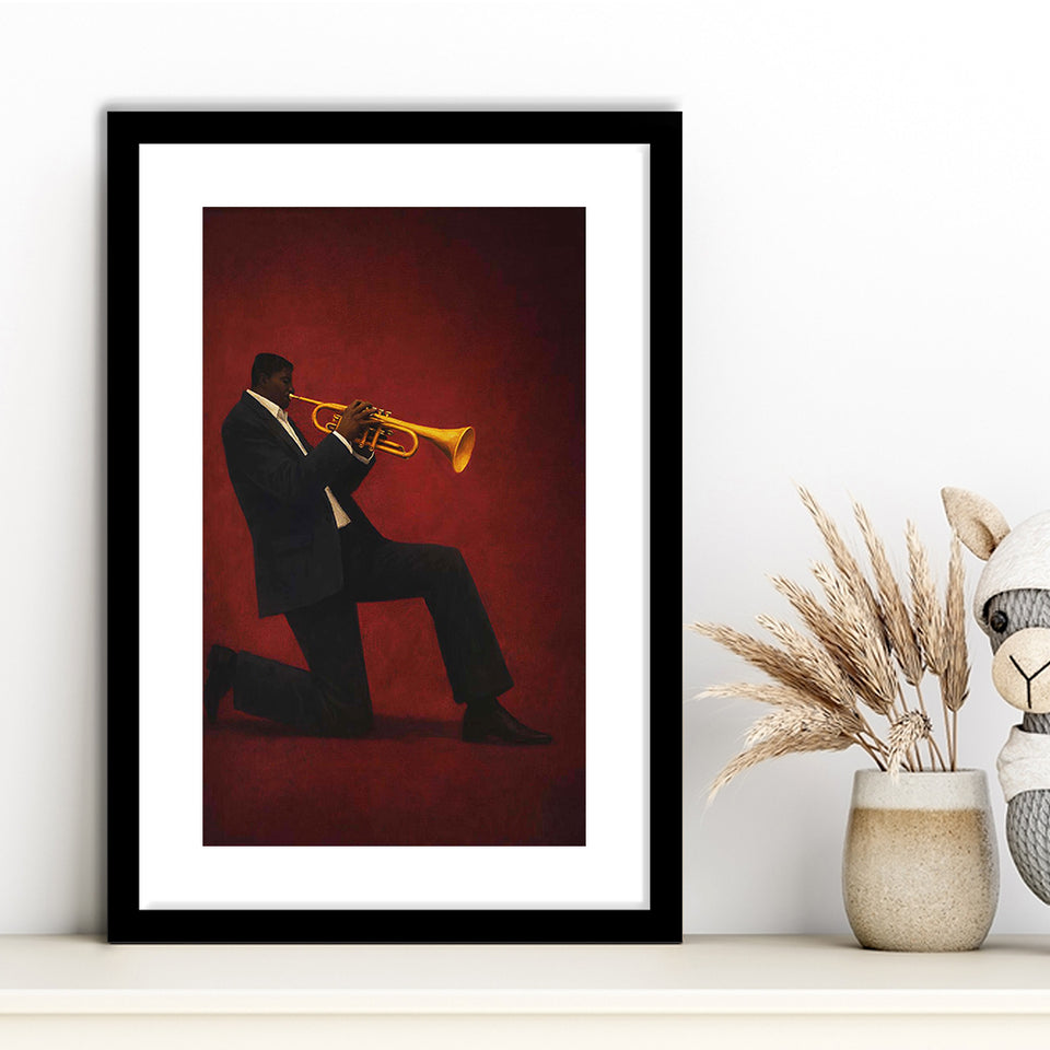 Vintage Jazz Afrocentric Red Wall Art, Retro Music 3, Music Room Art, Framed Art Print White Border