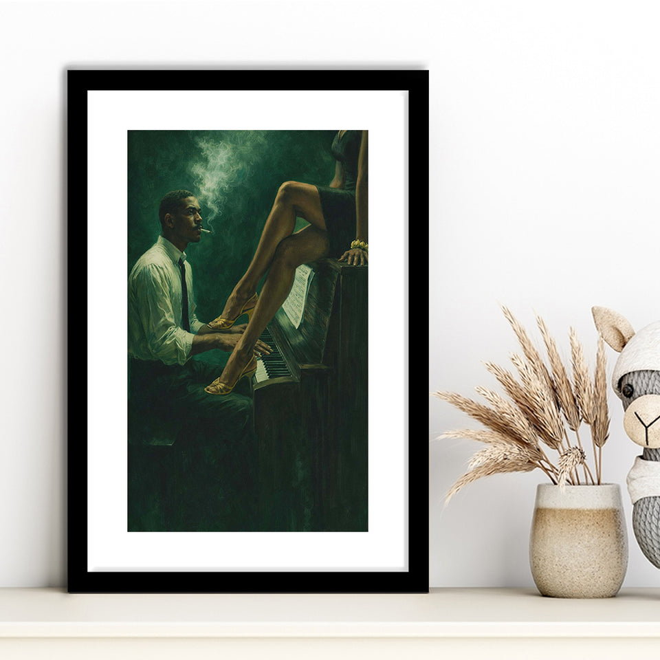 Vintage Jazz Afrocentric Wall Art, Retro Sage Green Music Jazz, Retro Love, Framed Art Print White Border