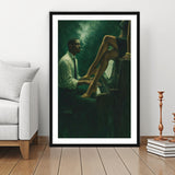 Vintage Jazz Afrocentric Wall Art, Retro Sage Green Music Jazz, Retro Love, Framed Art Print White Border