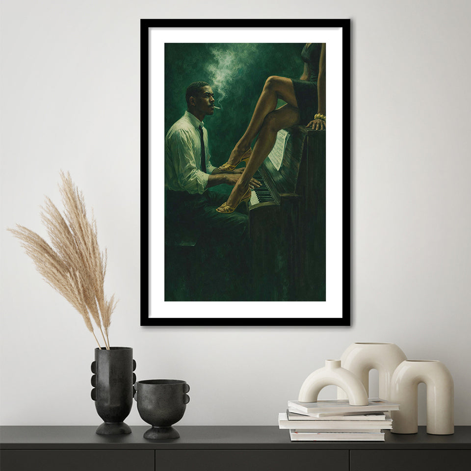 Vintage Jazz Afrocentric Wall Art, Retro Sage Green Music Jazz, Retro Love, Framed Art Print White Border