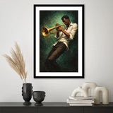 Vintage Jazz Afrocentric Wall Art, Retro Sage Green Music, Music Room Art, Framed Art Print White Border