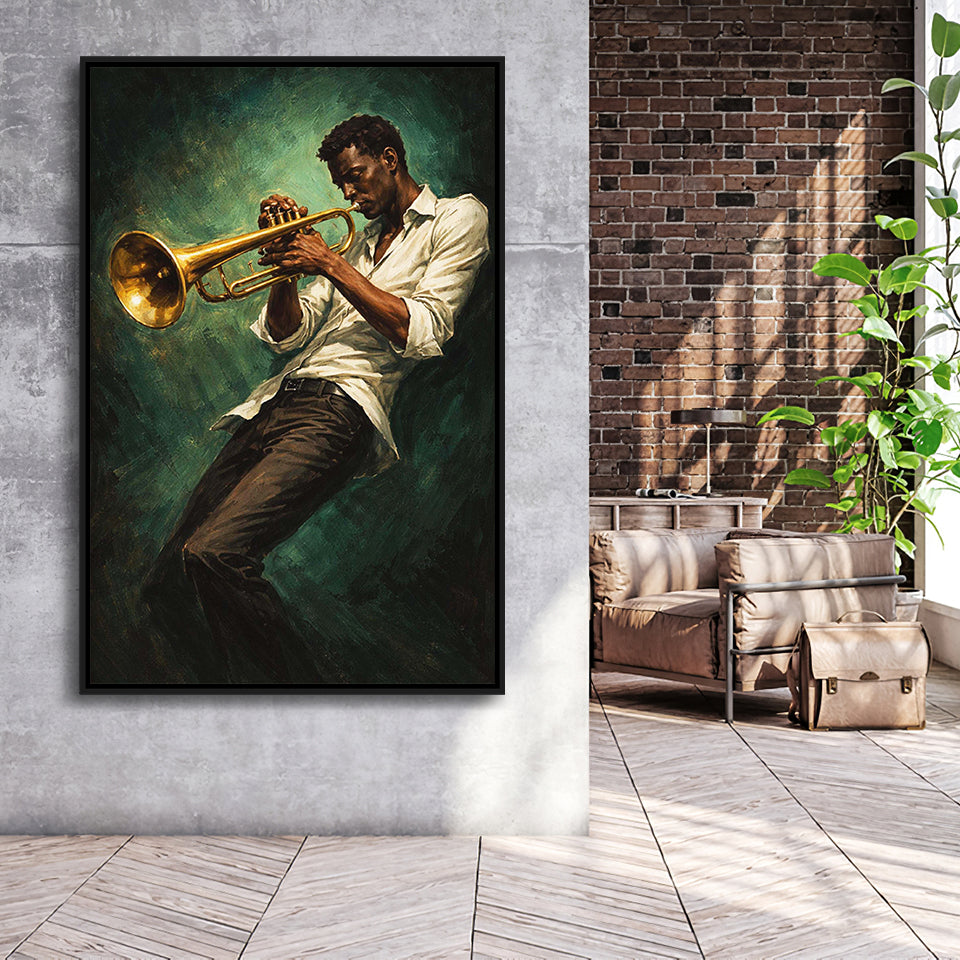 Vintage Jazz Afrocentric Wall Art, Retro Sage Green Music, Music Room Art, Framed Canvas Print, Floating Frame