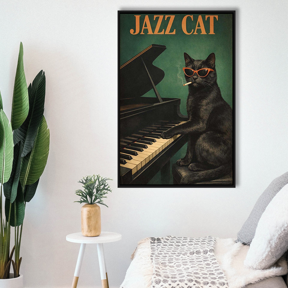 Vintage Jazz Wall Art, Black Cat Smoking Cigarette, Sage Green Cat Music, Framed Canvas Print, Floating Frame