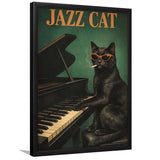 Vintage Jazz Wall Art, Black Cat Smoking Cigarette, Sage Green Cat Music, Framed Art Print, Fine Art Wall Decor