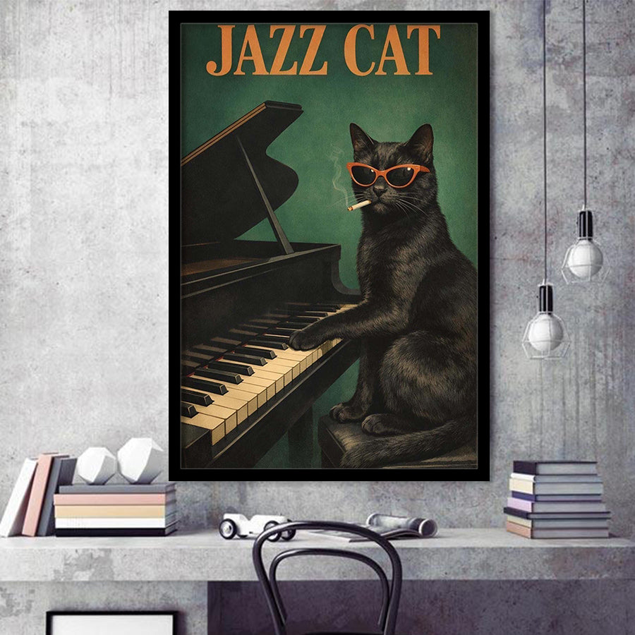 Vintage Jazz Wall Art, Black Cat Smoking Cigarette, Sage Green Cat Music, Framed Art Print, Fine Art Wall Decor