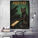 Vintage Jazz Wall Art, Black Cat Smoking Cigarette, Sage Green Cat Music, Framed Art Print, Fine Art Wall Decor