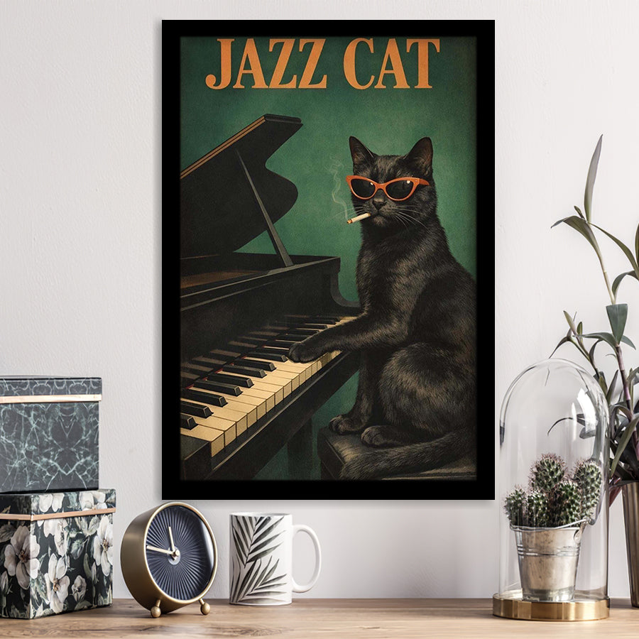 Vintage Jazz Wall Art, Black Cat Smoking Cigarette, Sage Green Cat Music, Framed Art Print, Fine Art Wall Decor