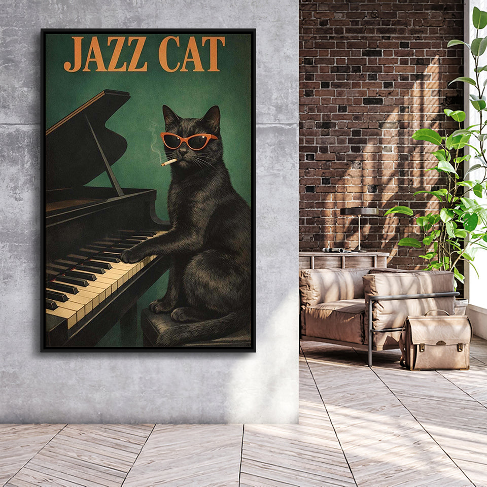 Vintage Jazz Wall Art, Black Cat Smoking Cigarette, Sage Green Cat Music, Framed Canvas Print, Floating Frame