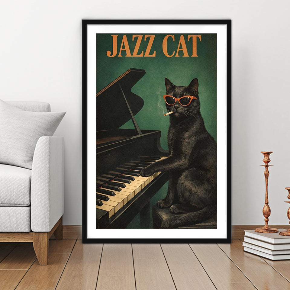 Vintage Jazz Wall Art, Black Cat Smoking Cigarette, Sage Green Cat Music, Framed Art Print White Border