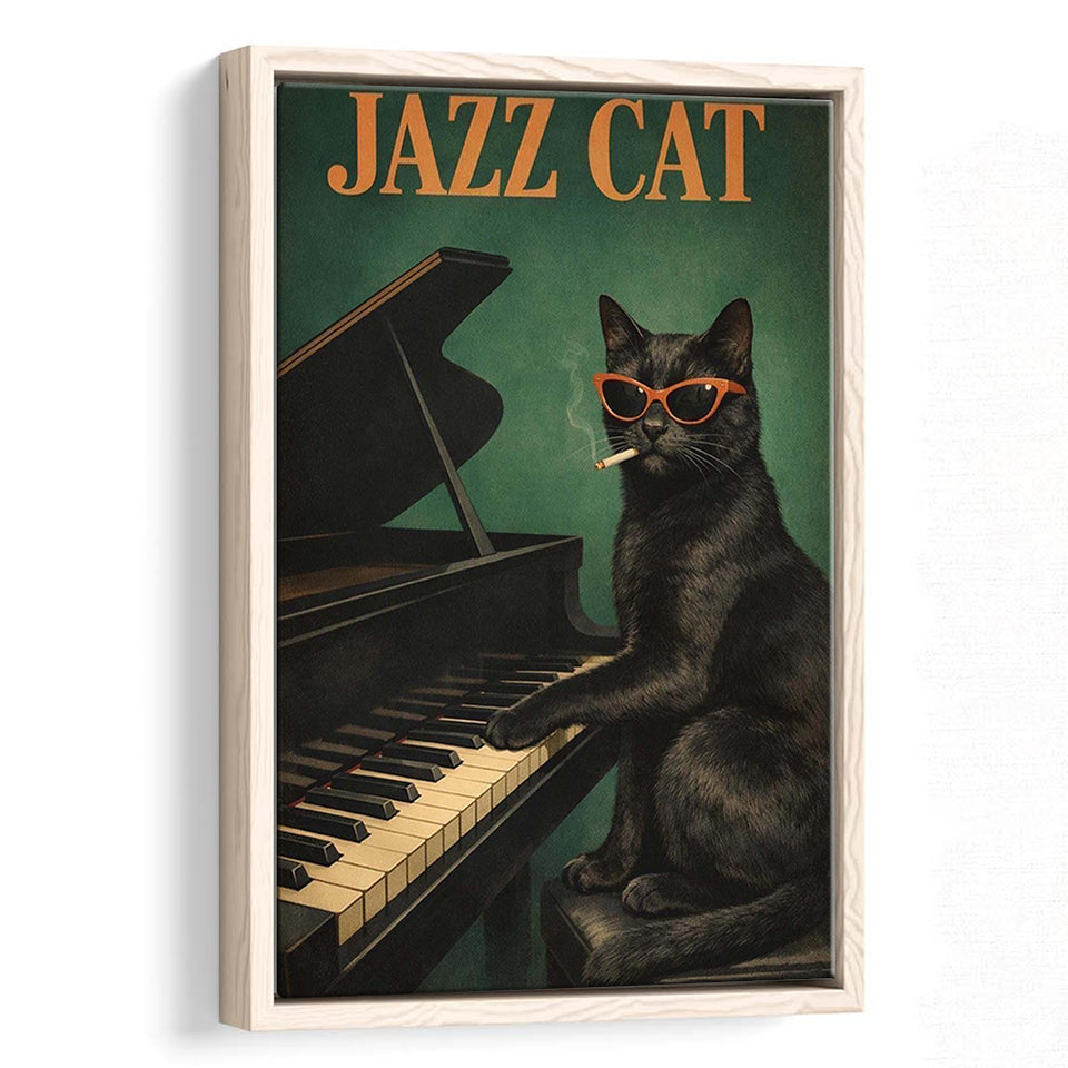 Vintage Jazz Wall Art, Black Cat Smoking Cigarette, Sage Green Cat Music, Framed Canvas Print, Floating Frame