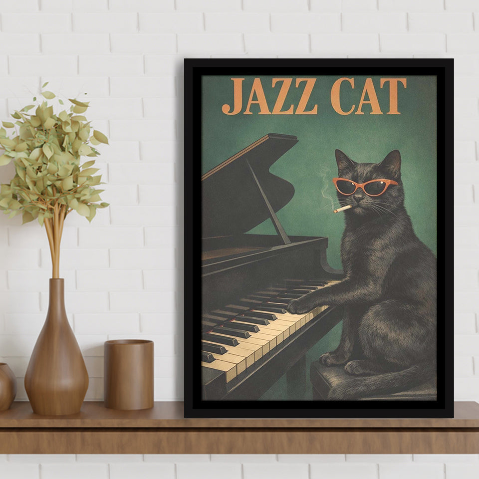 Vintage Jazz Wall Art, Black Cat Smoking Cigarette, Sage Green Cat Music, Framed Canvas Print, Floating Frame