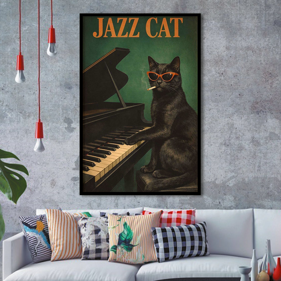 Vintage Jazz Wall Art, Black Cat Smoking Cigarette, Sage Green Cat Music, Framed Art Print, Fine Art Wall Decor