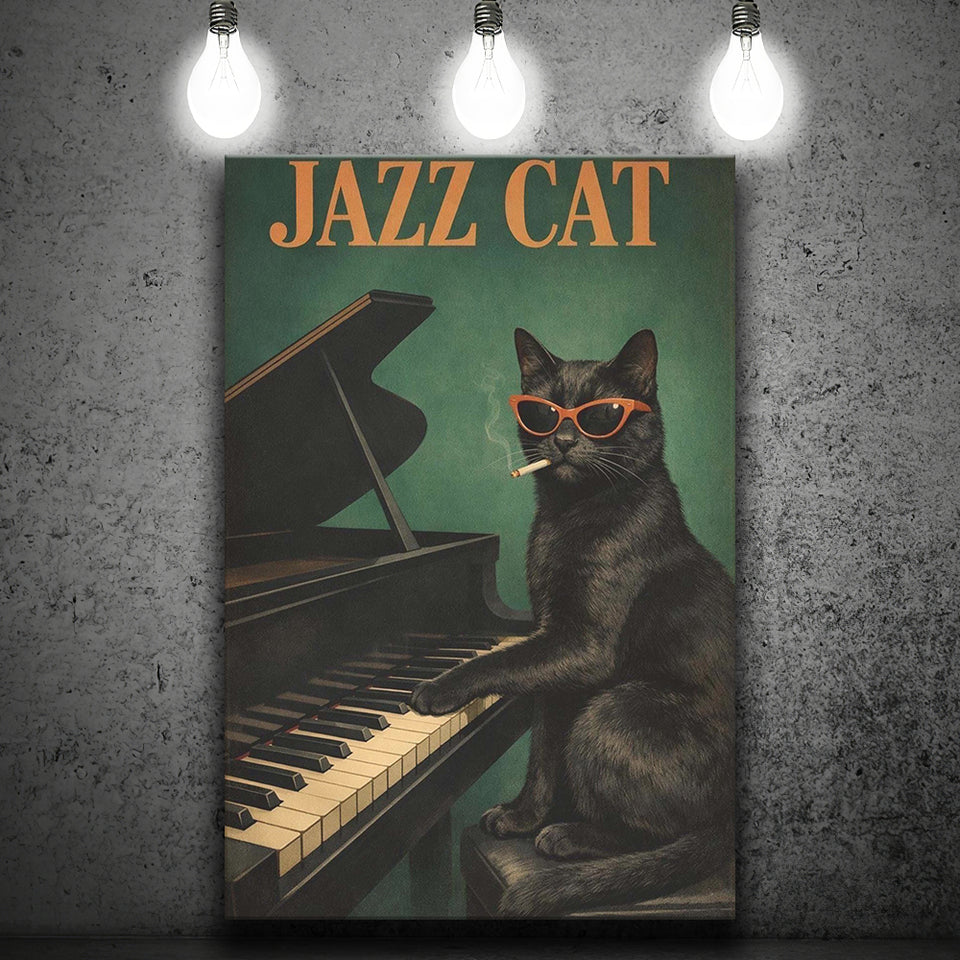 Vintage Jazz Wall Art, Black Cat Smoking Cigarette, Sage Green Cat Music, Canvas Print Wall Art, Wall Decor