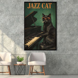 Vintage Jazz Wall Art, Black Cat Smoking Cigarette, Sage Green Cat Music, Framed Canvas Print, Floating Frame