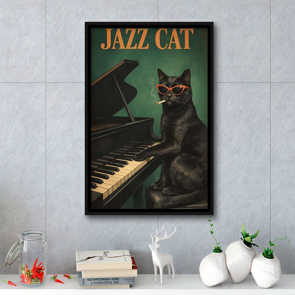 Vintage Jazz Wall Art, Black Cat Smoking Cigarette, Sage Green Cat Music, Framed Canvas Print, Floating Frame