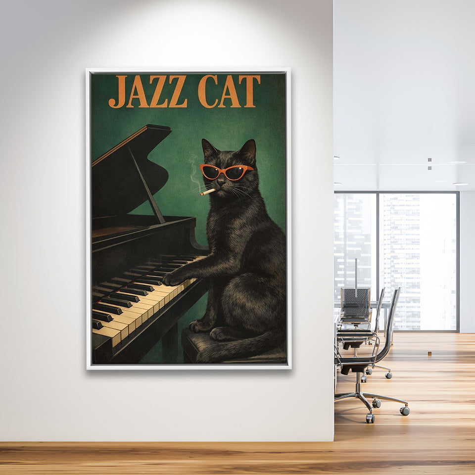 Vintage Jazz Wall Art, Black Cat Smoking Cigarette, Sage Green Cat Music, Framed Canvas Print, Floating Frame
