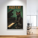 Vintage Jazz Wall Art, Black Cat Smoking Cigarette, Sage Green Cat Music, Framed Canvas Print, Floating Frame