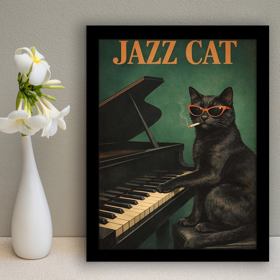 Vintage Jazz Wall Art, Black Cat Smoking Cigarette, Sage Green Cat Music, Framed Art Print, Fine Art Wall Decor
