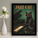 Vintage Jazz Wall Art, Black Cat Smoking Cigarette, Sage Green Cat Music, Framed Art Print, Fine Art Wall Decor