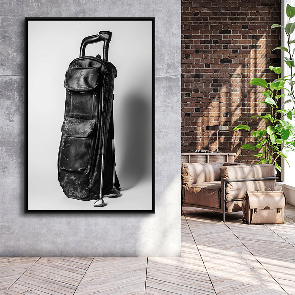 Vintage Old Golf Bag, Black and White, Golf Art Print, Floating Frame, Framed Canvas Print Wall Art