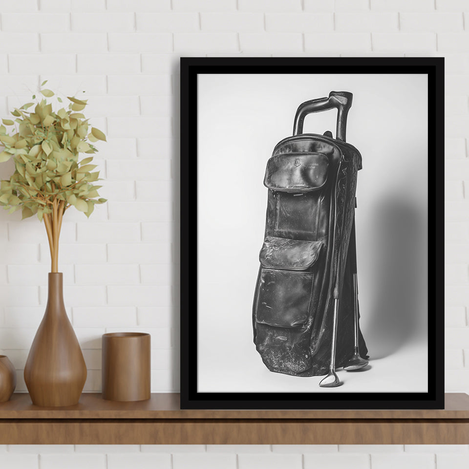 Vintage Old Golf Bag, Black and White, Golf Art Print, Floating Frame, Framed Canvas Print Wall Art