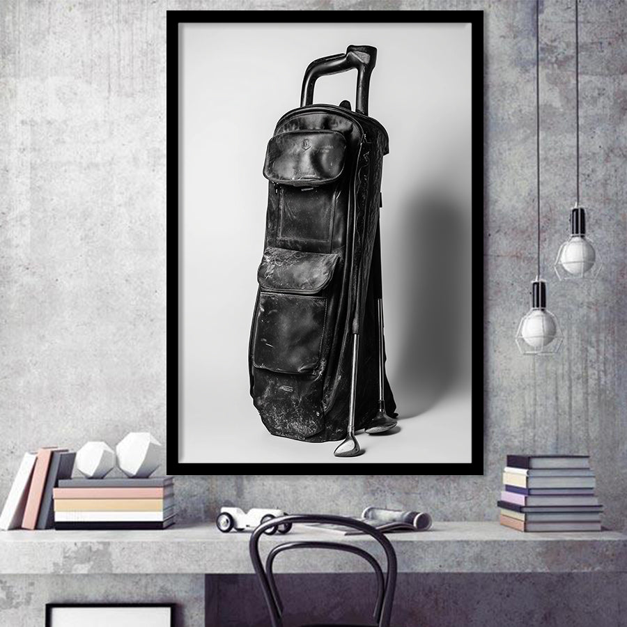 Vintage Old Golf Bag, Black and White, Golf Art, Gift for him, Framed Art Print Wall Decor